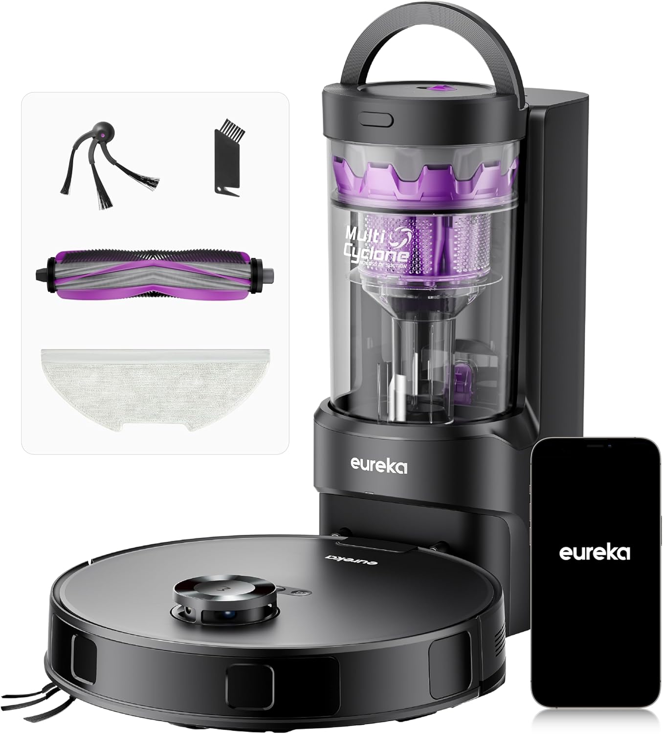 EUREKA E20 Evo Plus Robot Aspirateur Laveur avec Station sans Sac Aspiration 10000 Pa Aspirateur Robot Autovidange — E20 Evo Plus-BK
