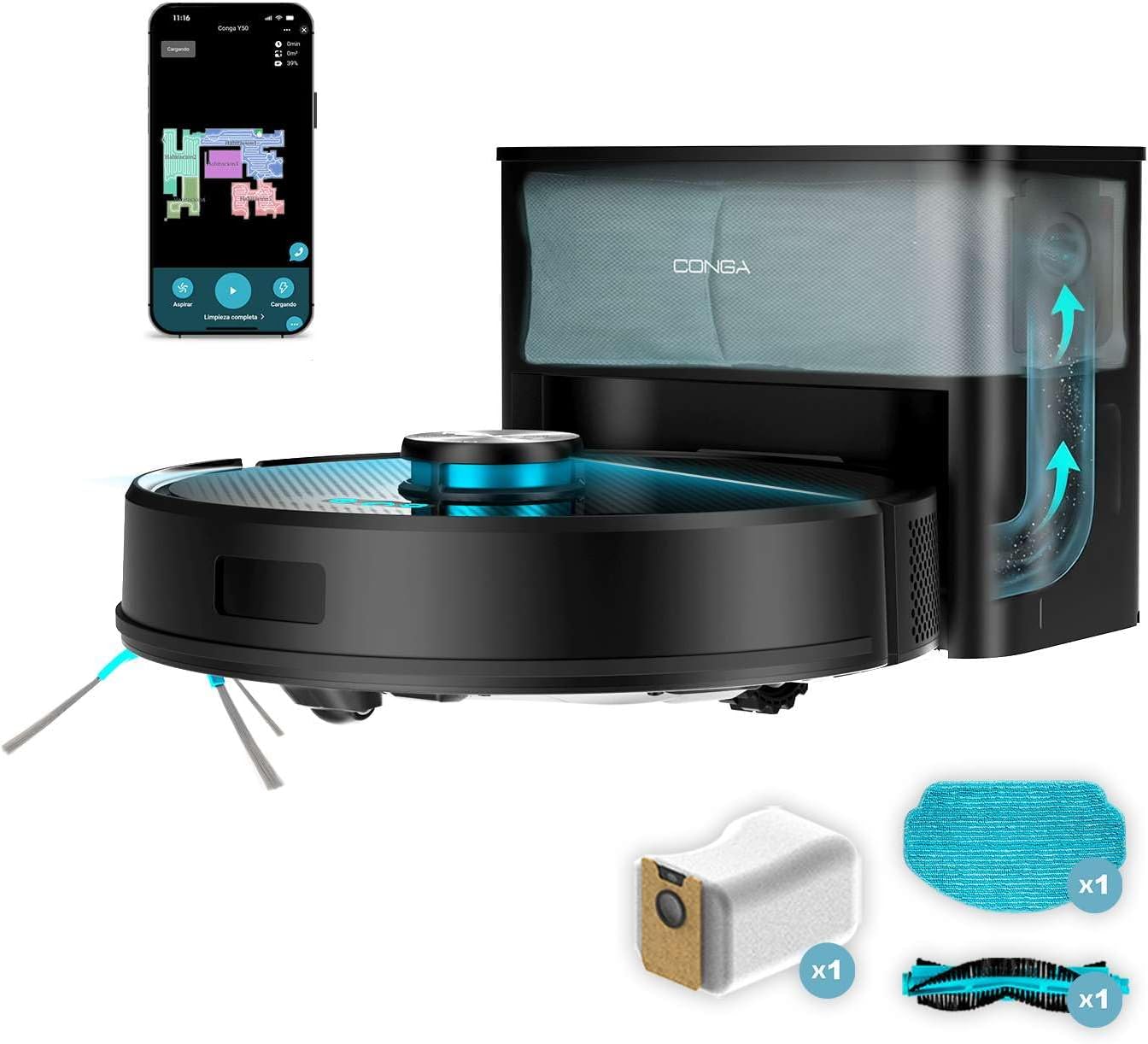 Cecotec Robot Aspirateur et Laveur de Sols avec Base d'Auto-vidage Conga Y50 X-Treme. Navigation Laser — Conga Y50 X-Treme + Autovaciado