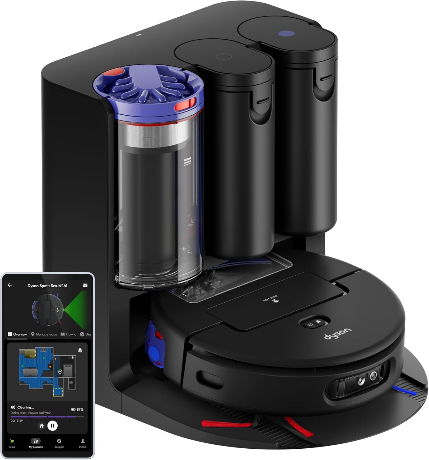 Dyson Spot+Scrub™ AI, aspirateur robot laveur sec et humide, rouleau humide auto-nettoyant, 4× puissance d’aspiration sur tapis,